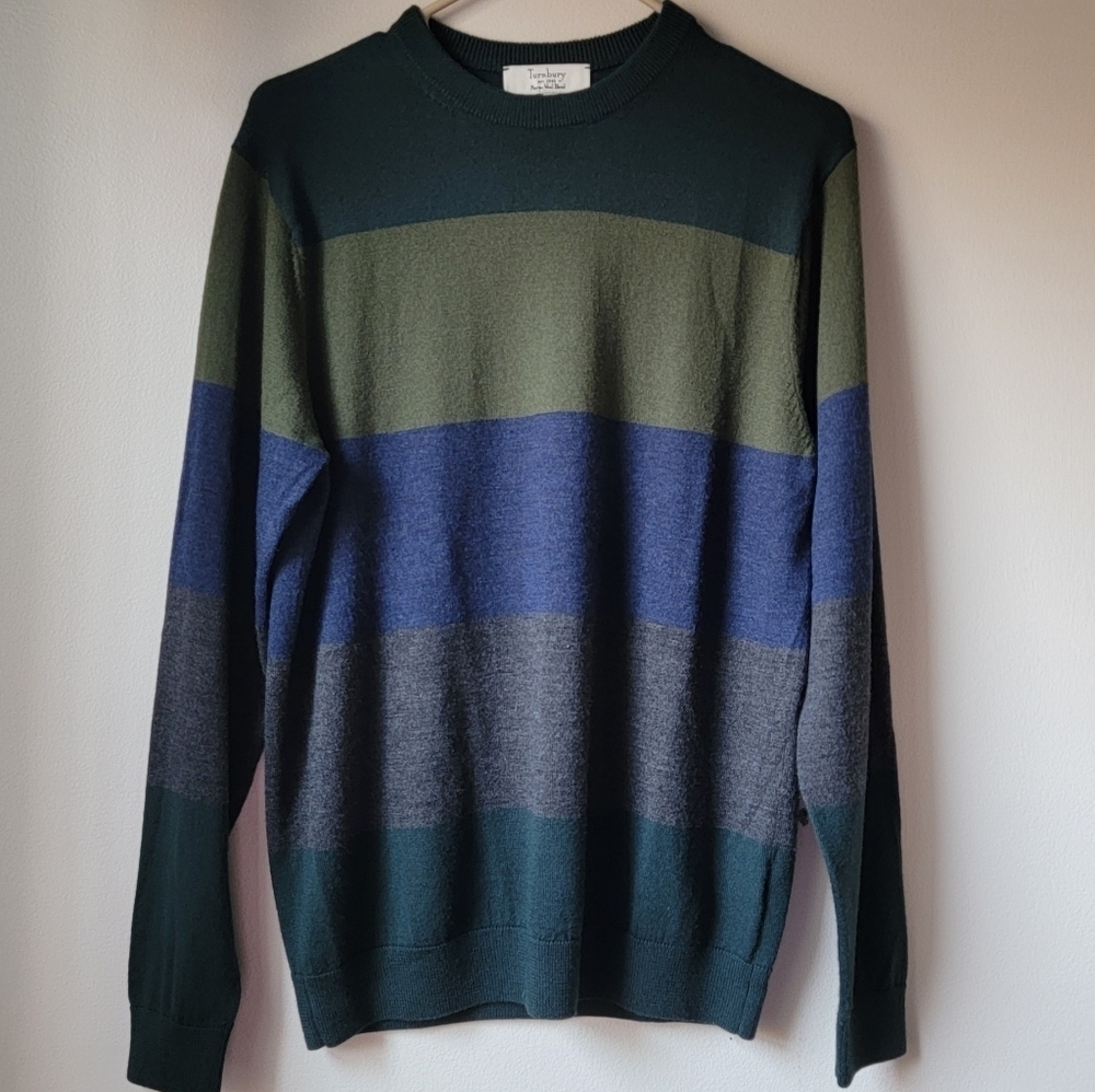 Turnbury, Men's Striped Crewneck Sweater - Marino Wool Blend Size M.
